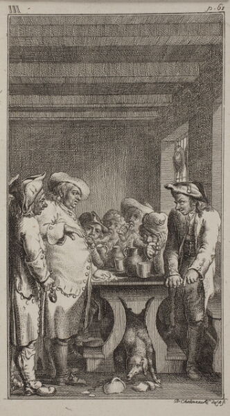 Daniel Nikolaus Chodowiecki, Des Scheerers Hund lekt das gefärbte Wasser, aus einem zerbrochenen Gefäfse unterm tisch, um welchem 4. Bauren sitzen, und 3. stehen, welche Taback rauchen und trinken. ob. III, p. 61.