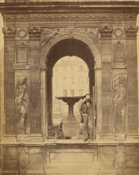 Charles Marville, [Unidentified Man Posed in Fontaine des Innocents]
