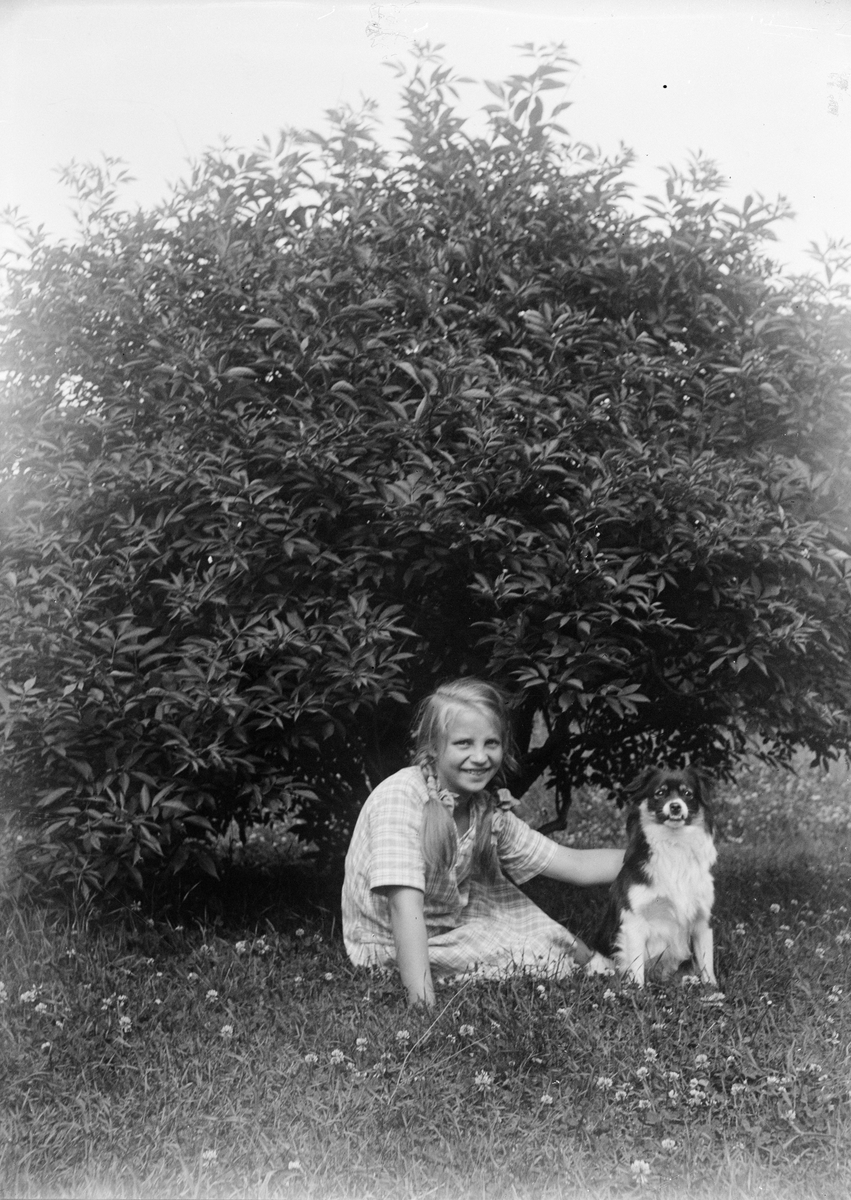Okänd,, Ruben and Christiane Liljefors daughter Marit with dog in garden, likely in Sweden