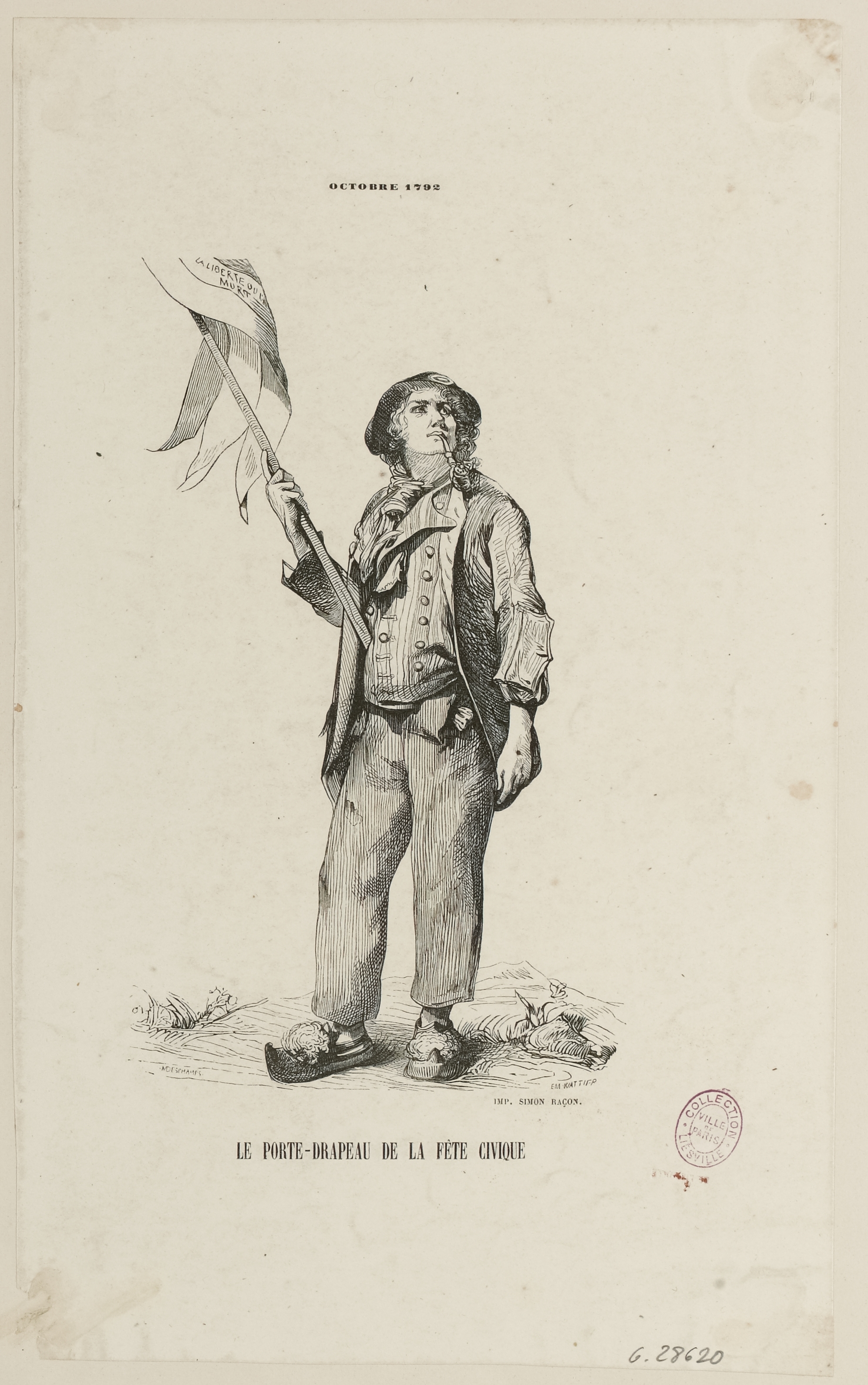 Louis Léopold Boilly, L'acteur Simon Chenard (1745-1832), en sans-culotte, tenant l'étendard de la Liberté. Fête civique à Chambéry (Savoie) en l'honneur des victoires françaises en Savoie, à Nice et outre Rhin, 14 octobre 1792. Révolution française.