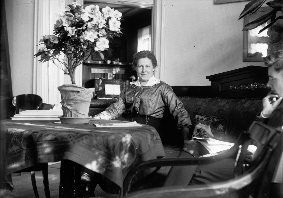 Okänd,, Kvinna och Roland Liljefors sitter i "långsoffan" i hemmet, Gävle efter 1912