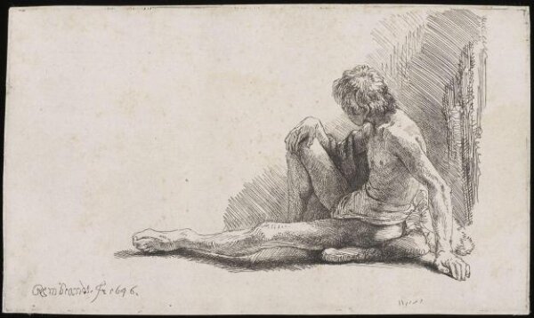 Rembrandt van Rijn, Nude man seated on the ground with one leg extended