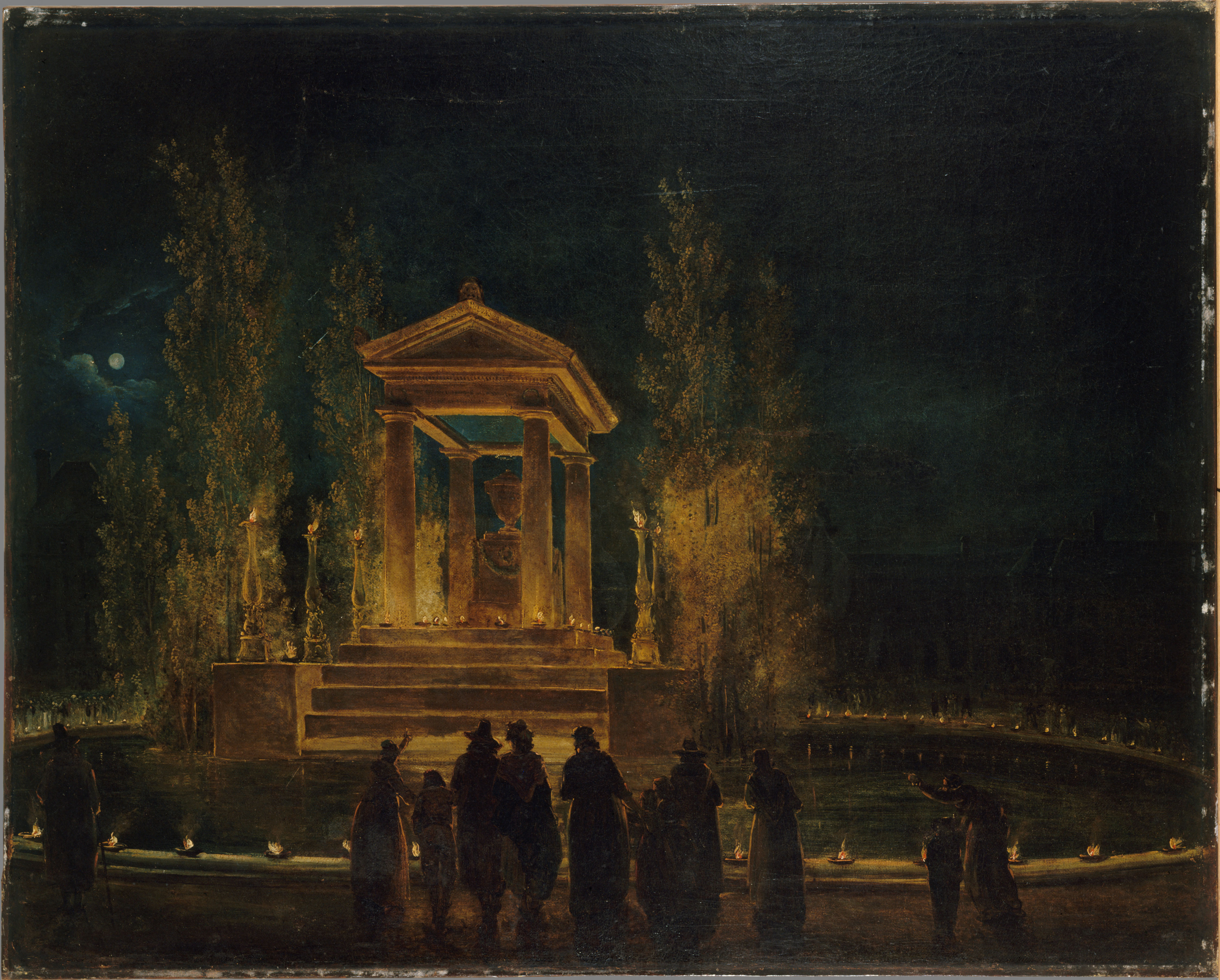 Hubert Robert, Le Mausolée provisoire de Jean-Jacques Rousseau, sur le bassin des Tuileries, avant la translation de ses cendres au Panthéon. Nuit du 10 au 11 octobre 1794