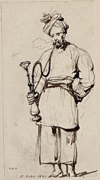 George Chinnery, A turbaned man smoking a hookah