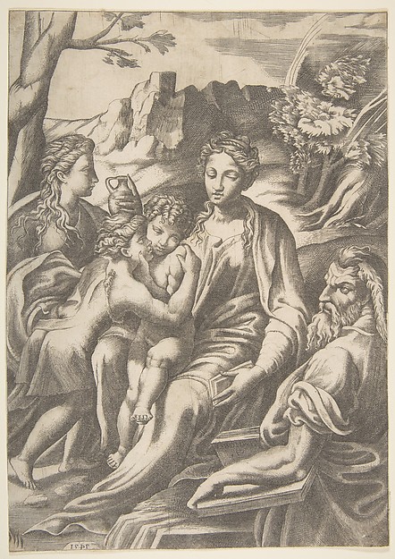 Giulio Bonasone, The Holy Family with Mary Magdalene and John the Baptist who embraces Christ