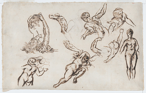 Eugène Delacroix, Eight Studies of Nude Figures (recto); Figure Studies from the Antique and a Caricature (verso)