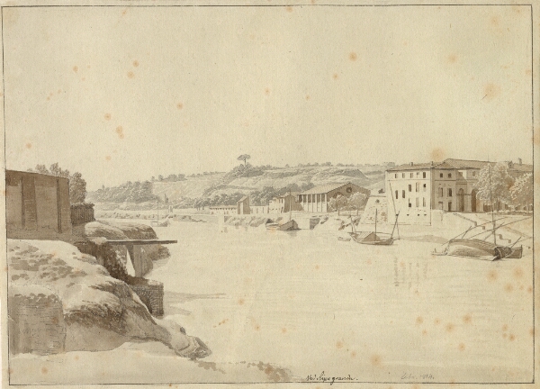 C.W. Eckersberg, Udsigt over Tiberen mod Porto di Ripa Grande og Porta Portese set fra breden neden for Monte Aventino, Rom.