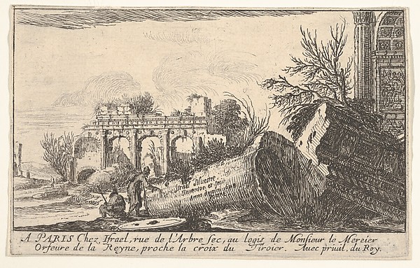 Israel Silvestre, A man reaches toward a fallen column, a seated man beside him, trees and ruins beyond, frontispiece from "Views of Italy" (Vues d'Italie)