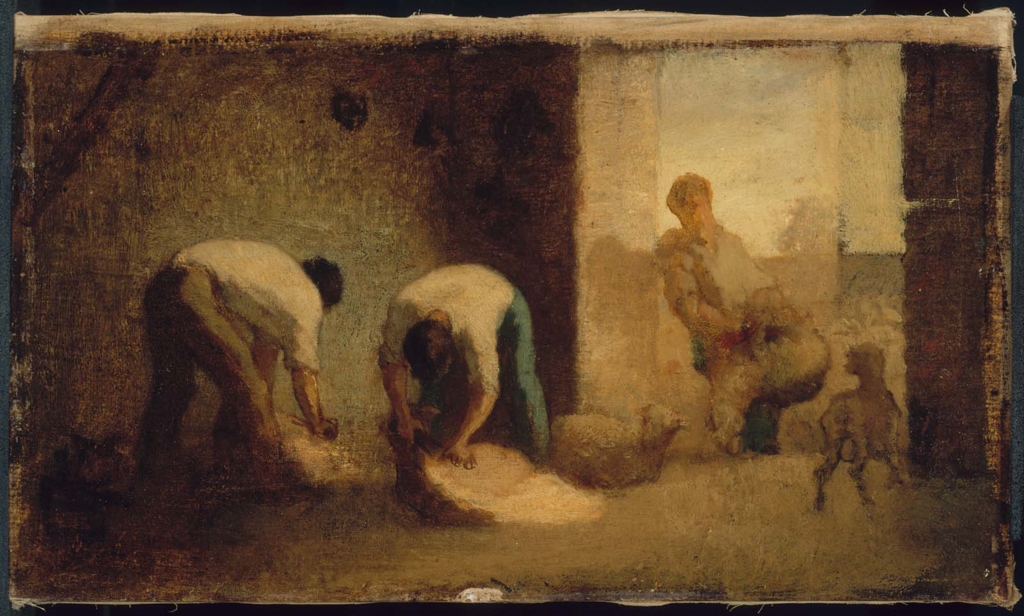 Jean-François Millet, Three Men Shearing Sheep in a Barn