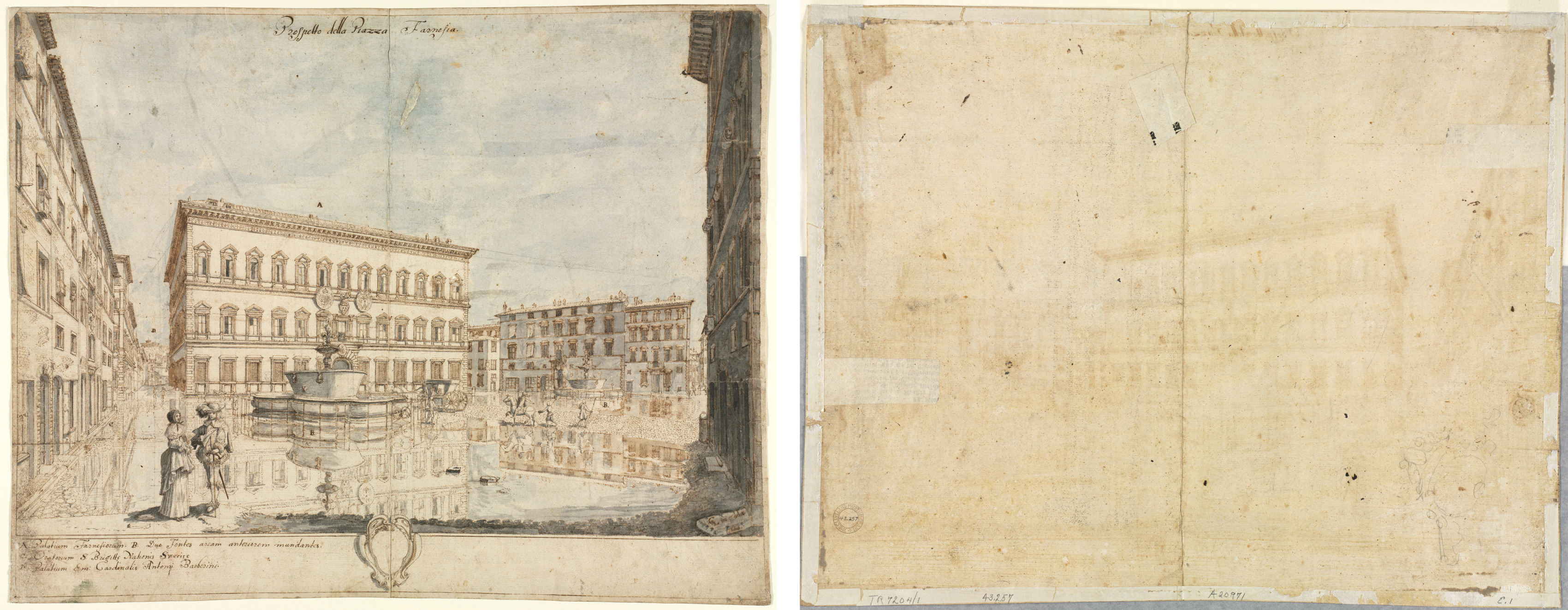 Lievin Cruyl, Eighteen Views of Rome: The Piazza Farnese (recto); Cartouche (verso)
