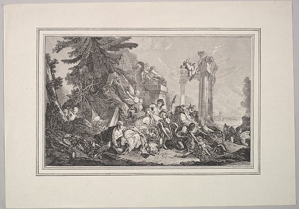 Anonymous, Wood Engraving of a Tapestry of Bacchus and Ariadne, from "Amours des Dieux" (Loves of the Gods)