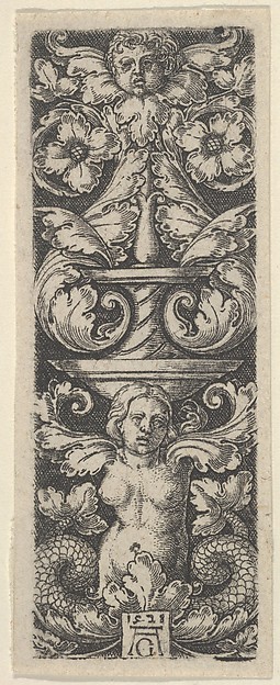 Heinrich Aldegrever, Vertical Panel with a Candelabrum Containing a Child's Head and a Woman with Two Fish Tails