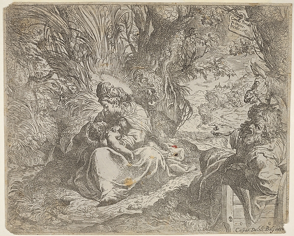Camillo Procaccini, Rest on the flight into Egypt, the Virgin seated on grass in a grove with the Christ Child in her lap, at right Joseph reclines and points toward them, a donkey beyond Joseph