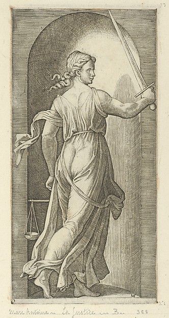 Marcantonio Raimondi, Justice personified by a young woman holding a sword in her raised right hand, scales in her left, from 'The Virtues'