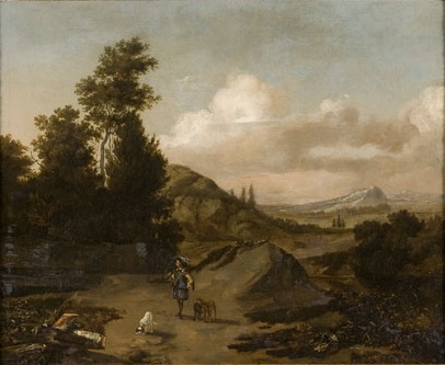 Jan Weenix, Heuvelig landschap met jager