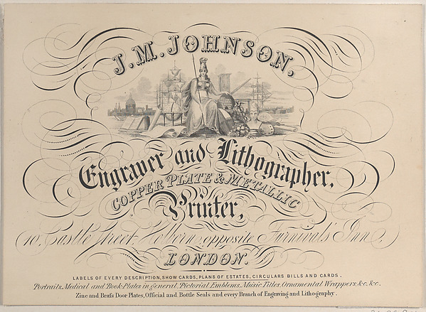 Anonymous, British, 19th century, Trade card for J.M. Johnson, Engraver and Lithographer