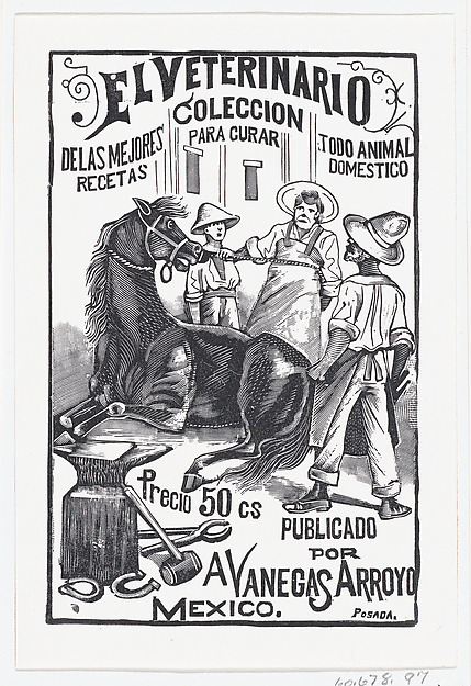 José Guadalupe Posada, A group of people surrounding a horse, illustration for 'El Veterinario (The Veterinary: Collection of the best prescriptions for curing all domestic animals)' published by Antonio Vanegas Arroyo