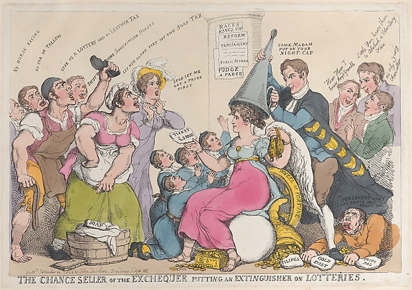 Thomas Rowlandson, The Chance Seller of the Exchequer Putting an Extinguisher on Lotteries
