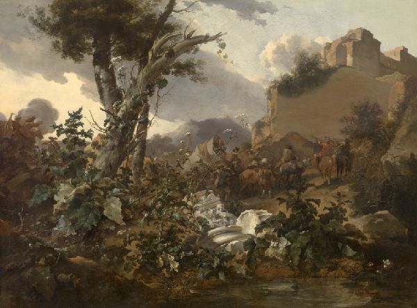 Nicolaes Berchem, Italian Landscape with a Cavalry Battle