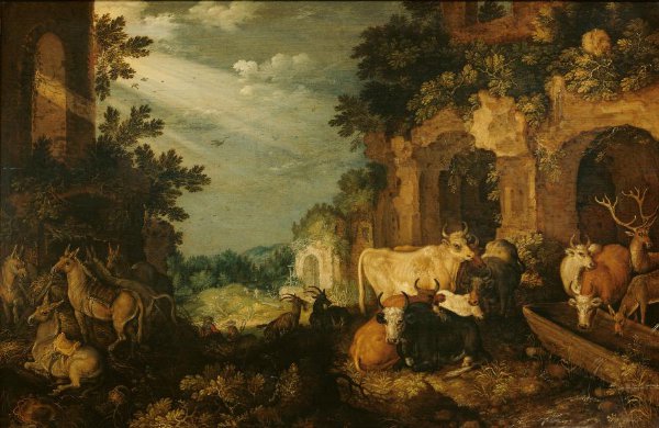 Roelant Savery, Landscape with ruins, cattle and deer