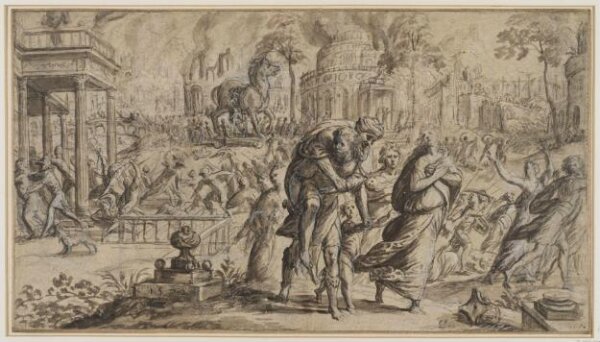 Unknown, The Sack of Troy with Aeneas and His Family Fleeing (Virgil, Aeneid 2.671-729