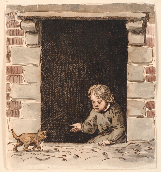P.C. Skovgaard, En dreng, der sidder i en kælderdør, lokker for en hundehvalp.