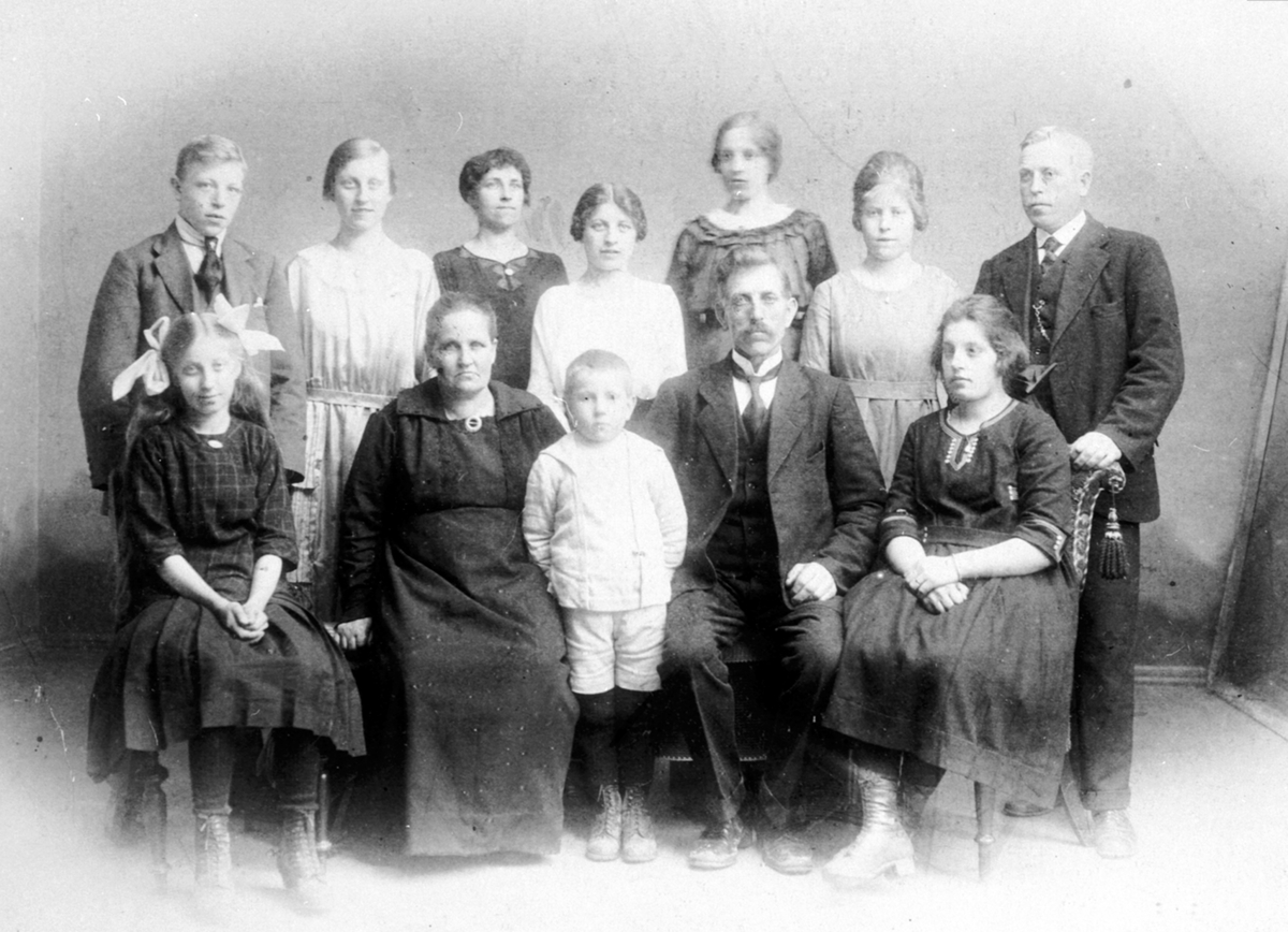 Anno Domkirkeodden, Gruppe:12, familien Mikkelsen på Lovisenberg, foran fra venstre: Sigrid, mor Anne, Reidar, far Nikolai Mikkelsen, Martha, bak: Aksel, Signe, Tora, Nelly, Gunda, Trine, Olaf. Nes i Ringsaker.