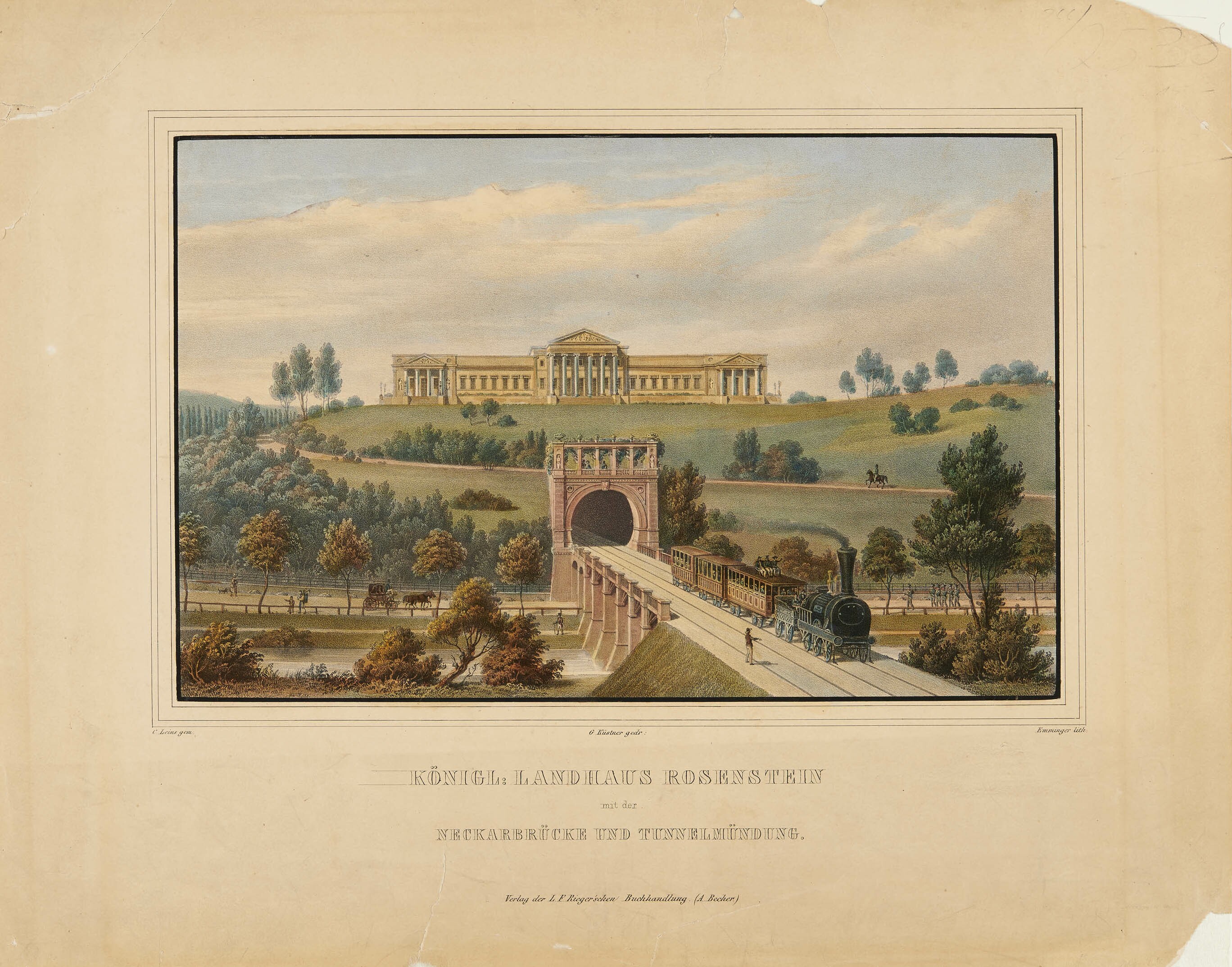 Eberhard Emminger, Ansicht von Schloss Rosenstein mit der Neckarbrücke und Tunnelmündung