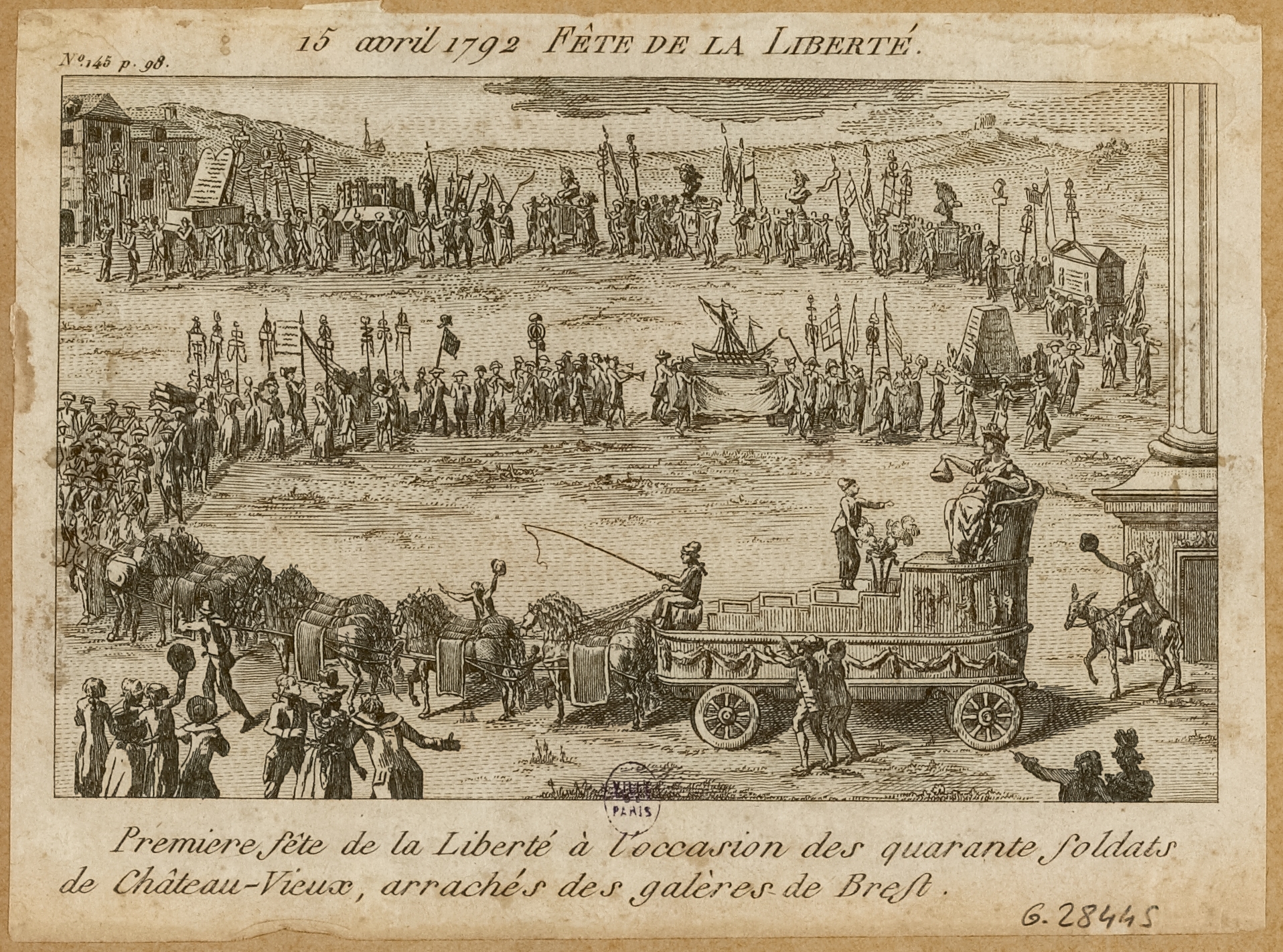 Anonyme, Révolution française : Première fête de la Liberté en l'honneur de la libération des quarante soldats Suisses de Château-Vieux, envoyés aux galères suite à la mutinerie de l'affaire de Nancy (août- septembre 1790). 15 avril 1792. De la Barrière du...