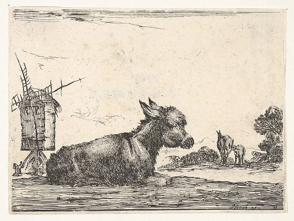 Stefano della Bella, Plate 11: a resting donkey, a horse and a foal to right and a windmill to left in the background, from "Various Figures" (Agréable diversité de figures)