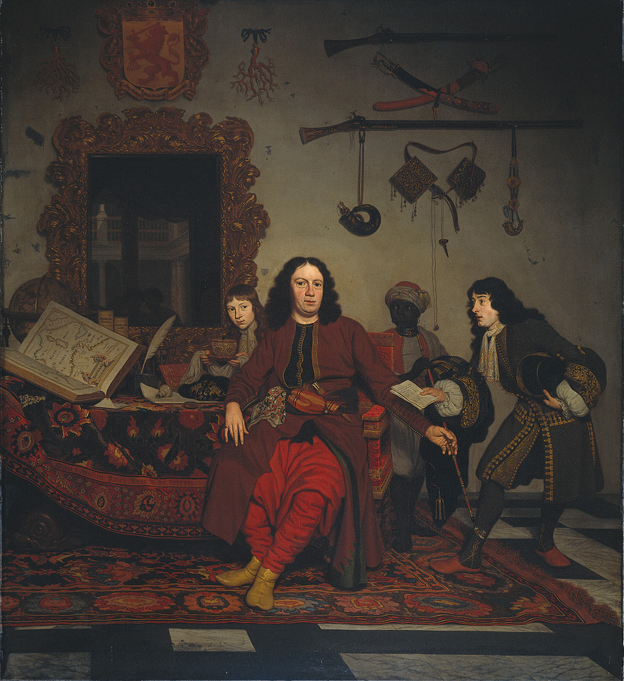 Michiel van Musscher, Portret van Thomas Hees (1634-1692) met zijn neven Jan (geboren 1662/63) en Andries (geboren 1669/70) Hees, en zijn bediende Thomas