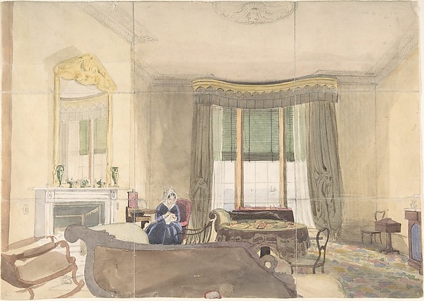 Anonymous, British, 19th century, Drawing Room with Seated Woman
