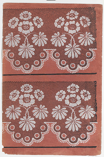 Anonymous, Red sheet with two borders with a white floral pattern atop a black lace pattern