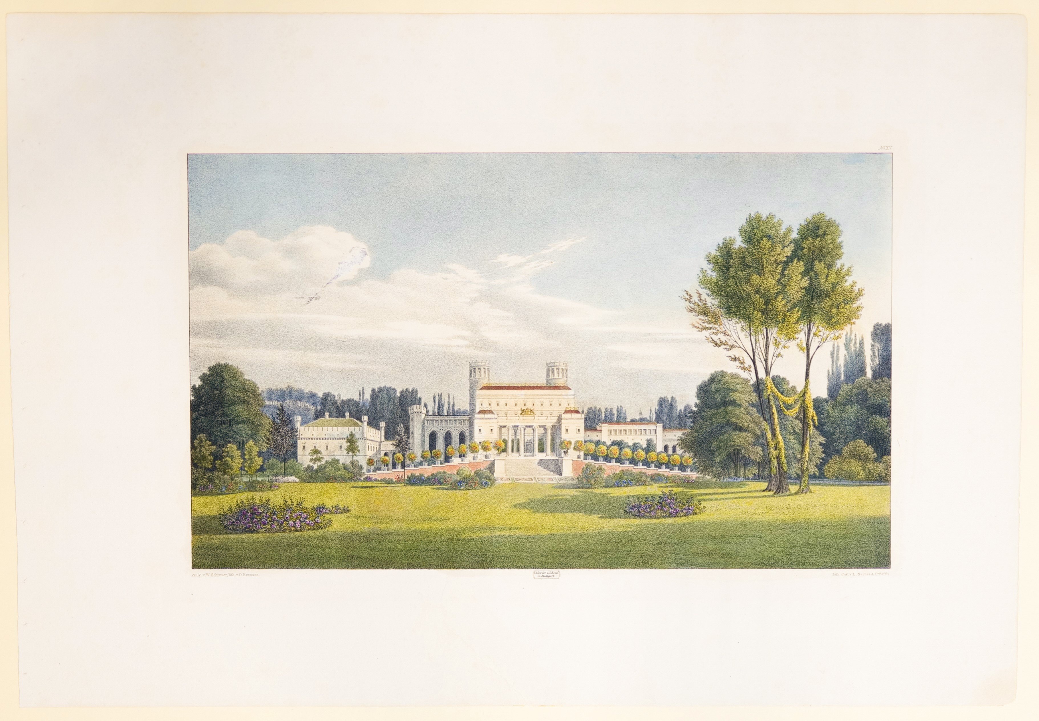 Hans Otto Hermann (Lithograf), Schloss und Rampe vom Bowling Green gesehen, Tafel XV der "Andeutungen über Landschaftsgärtnerei"