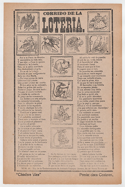 José Guadalupe Posada, Broadsheet with a ballad about bingo, illustrations of different animals and people