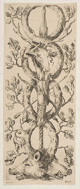 Stefano della Bella, Heads of a Stag and Two Boars in Rinceaux of Oak Branches
