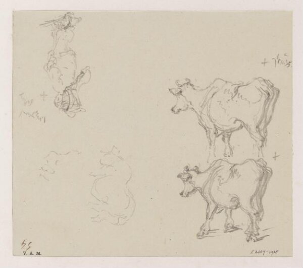 George Chinnery, Two drawings of a cow and a drawing of a porter
