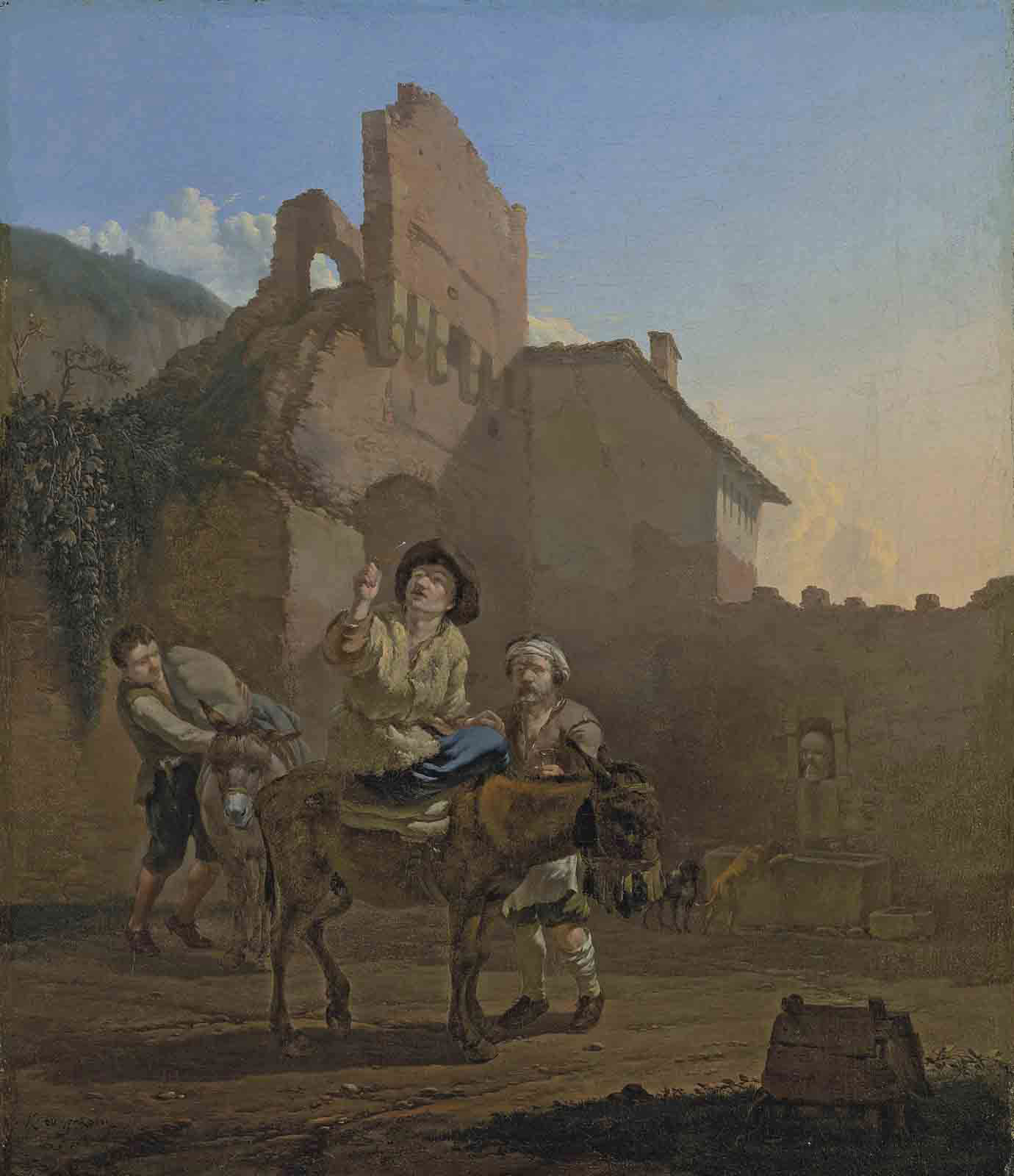 Karel Dujardin, Ruined Castle with a Man on a Donkey before a Gate