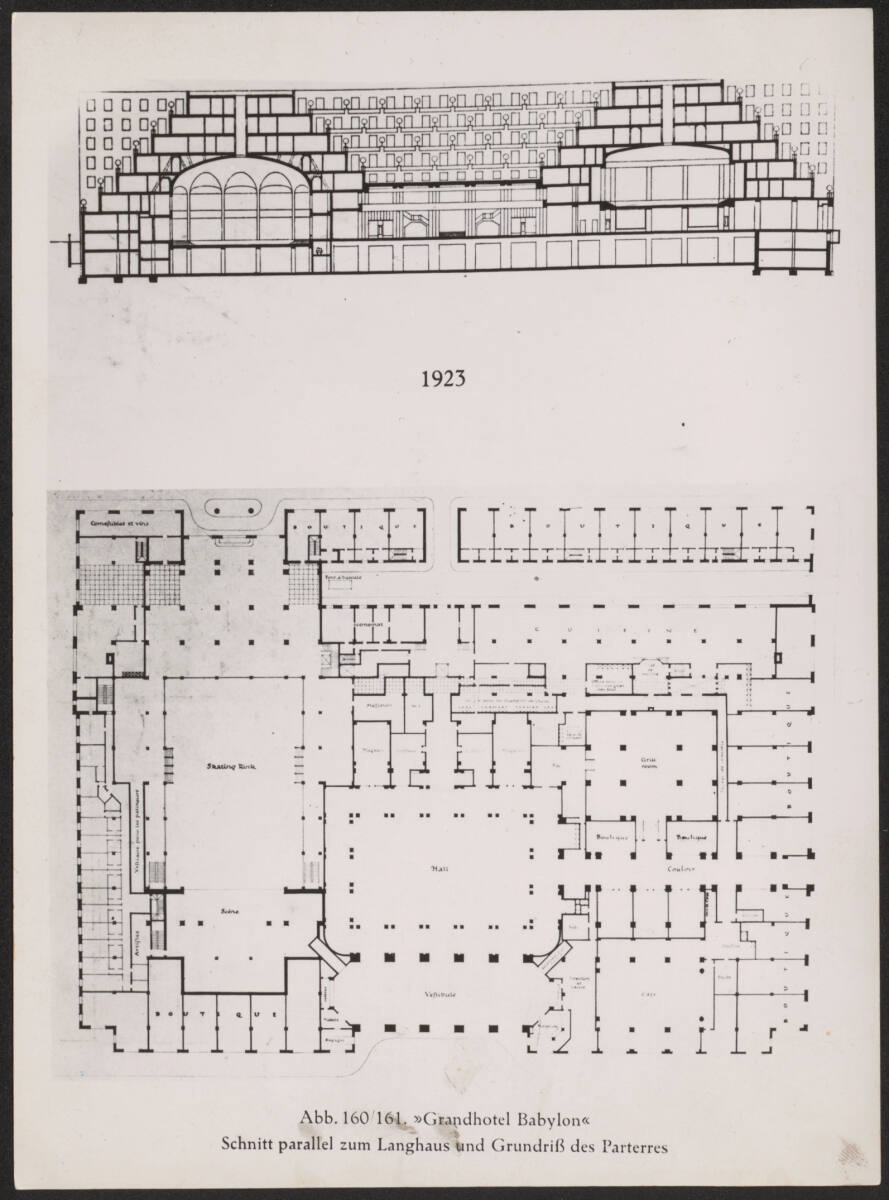 Anonym, Grand Hotel Babylon, Nizza, Repro aus einem Buch, Abb. 160/161: Langhaus und Grundriss Parterre