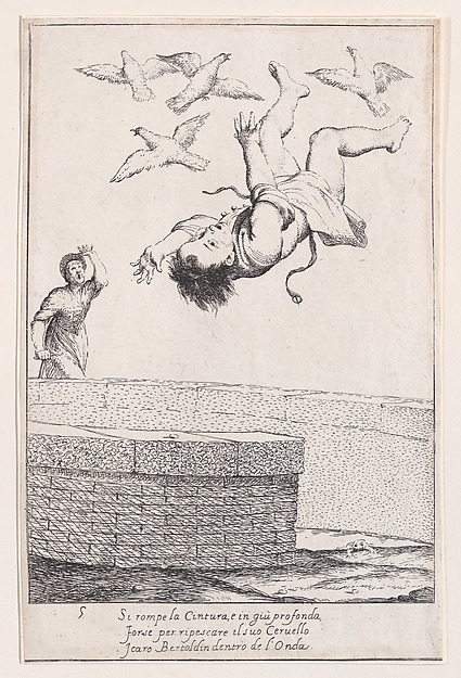 Giuseppe Maria Crespi, Plate 11: Bertoldino falling into the fish pond, from "Bertoldo, Bertoldino, and Cacasenno"
