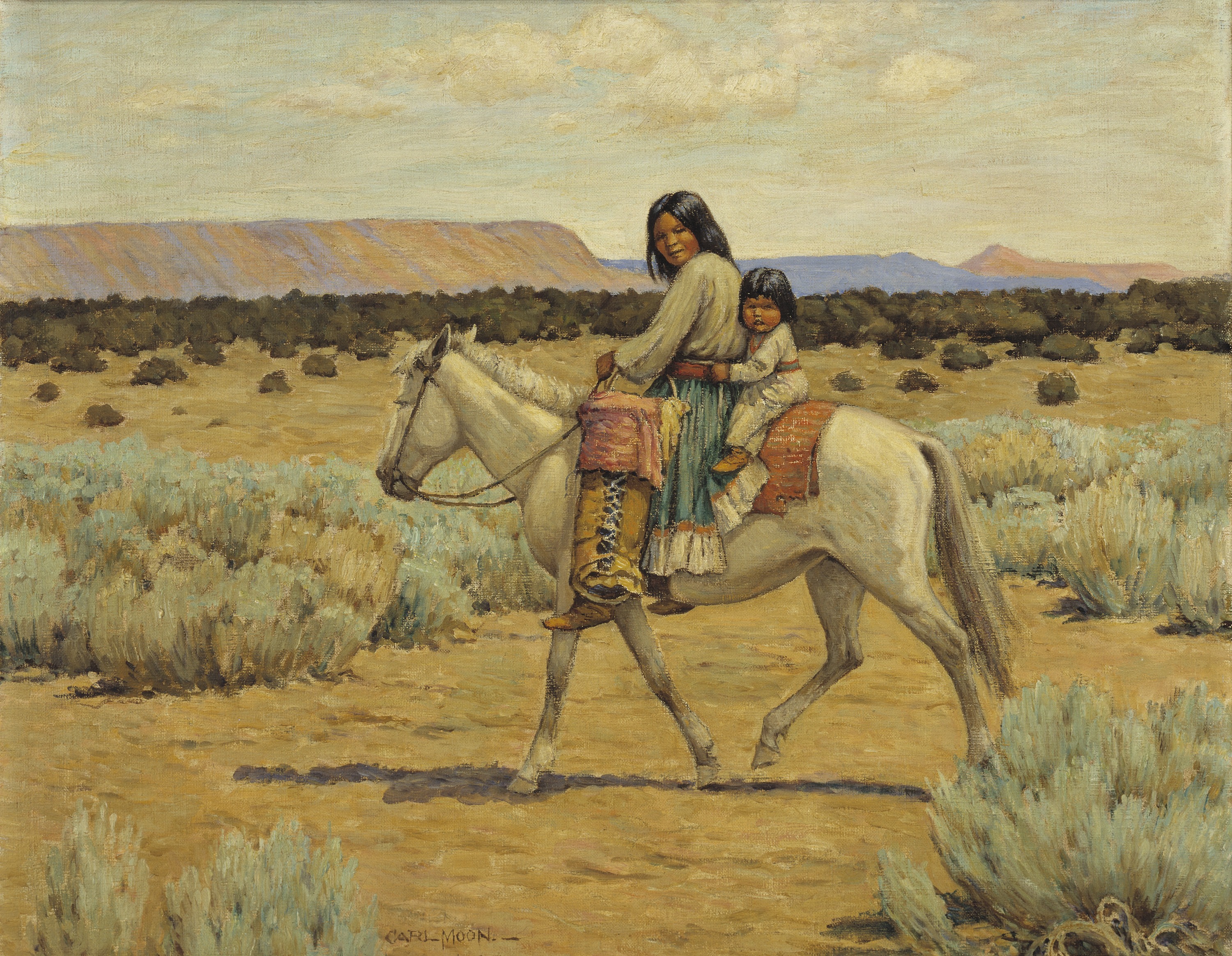 Carl Moon, Apache Mother and Children on Horseback