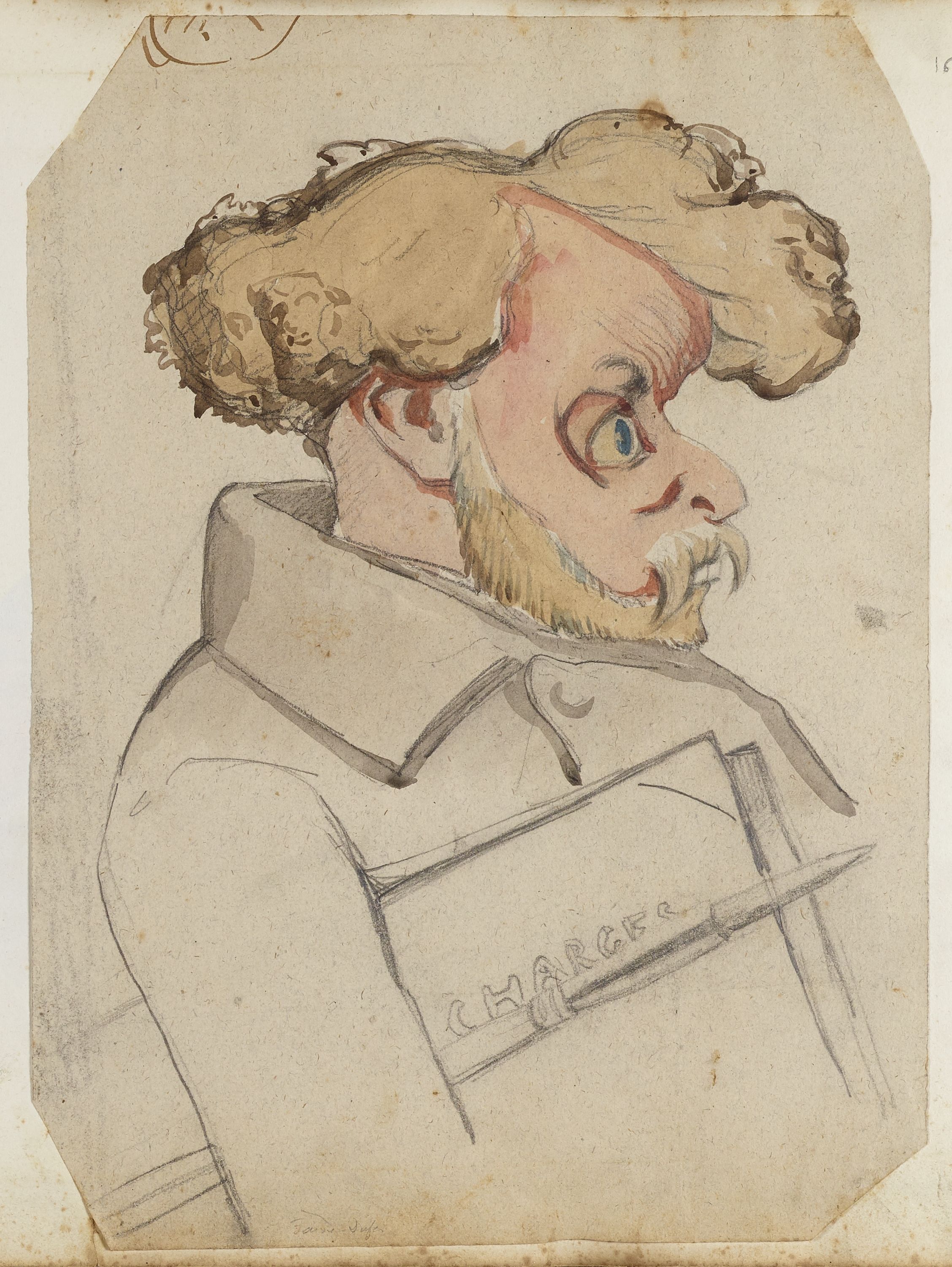 Anonyme, Portrait-charge d'un homme de profil, tenant un cahier des charges sous le bras (Faivre-Sufen ?)