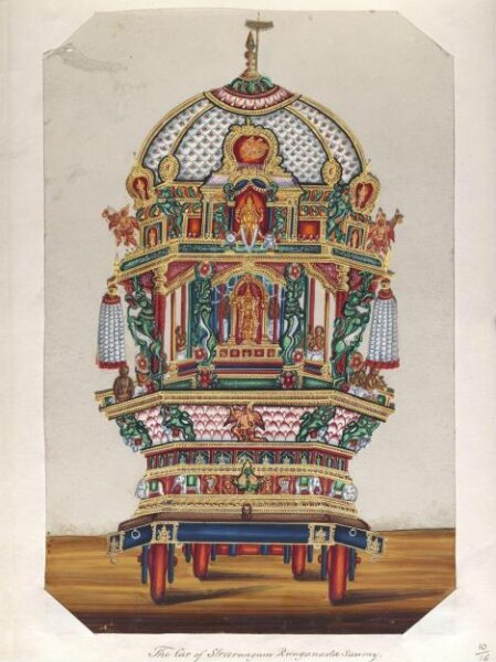 Unknown, One of sixteen mica paintings depicting Hindu deities and festival processions with decorated cars.