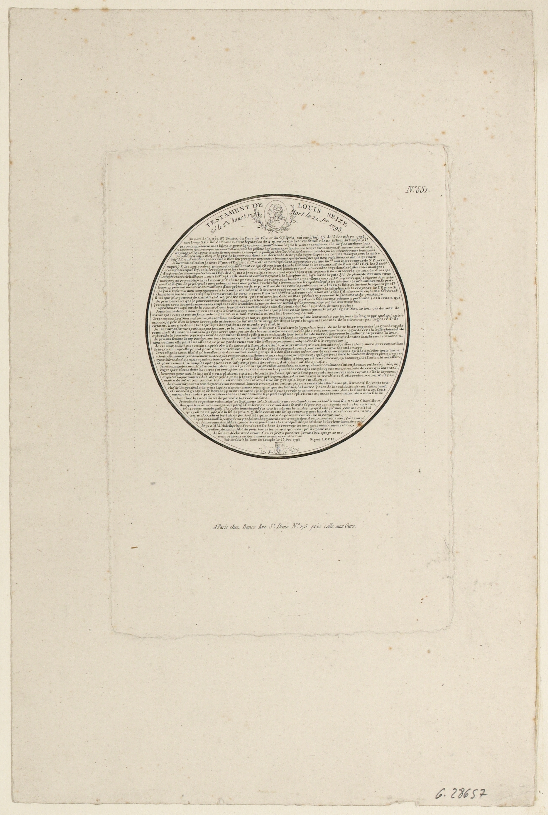 Anonyme, Révolution française. Testament de Louis XVI orné du portrait en médaillon du roi, lettre du 25 décembre 1792.