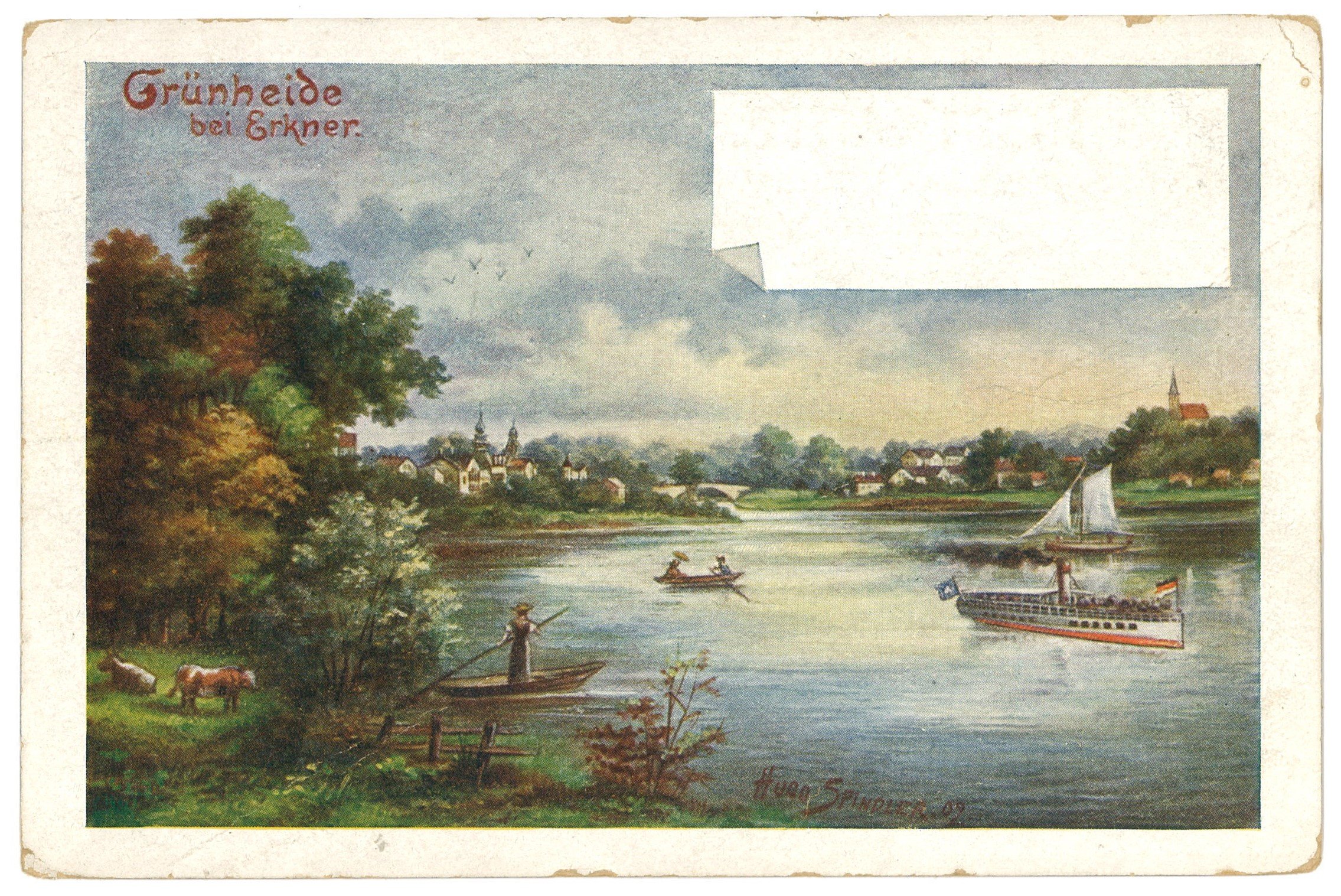 Verschönerungs-Verein "Hessenwinkel", Grünheide (Mark): Blick über den Werlsee auf den Ort (Aquarell von Hugo Spindler)