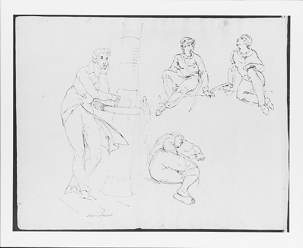 Thomas Sully, Two Seated Figures; One Sleeping Figure; Standing Man Leaning on Ship Railing (from Sketchbook)