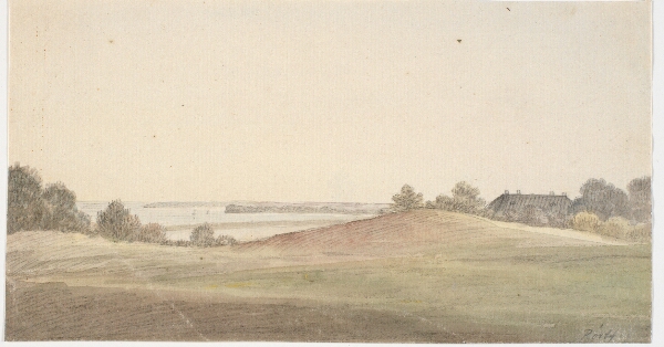 Martinus Rørbye, Landskab med vand i baggrunden og hus t.h.