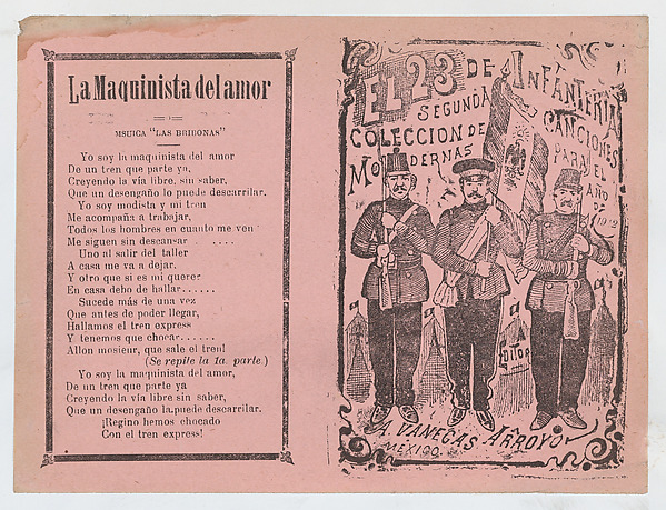 José Guadalupe Posada, Cover for 'El 23 de Infanteria', three infantry soldiers standing in a line holding rifles and a flag