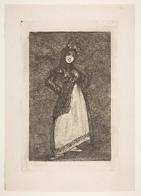 Goya (Francisco de Goya y Lucientes), A Maja standing against a dark background with figures