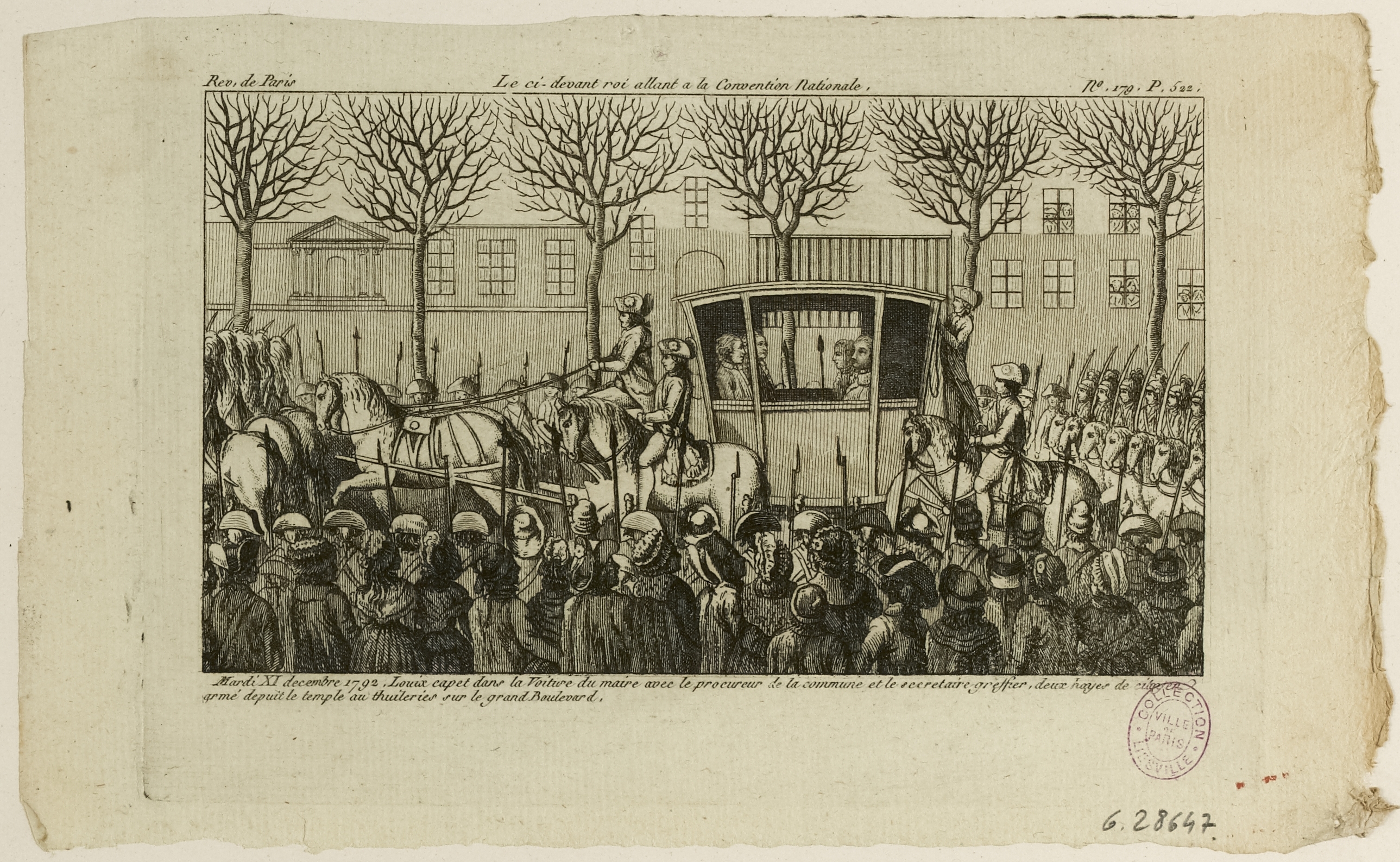 Anonyme, Louis XVI en carrosse, escorté de dragons jusqu'aux Tuileries pour comparaître devant la Convention Nationale, 11 décembre 1792. Estampe Nº179, p.522 du Journal des Révolutions de Paris, des 8-15 décembre 1792.